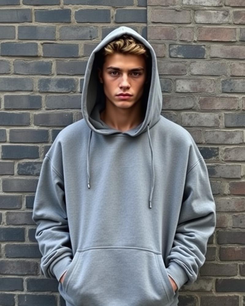 Model in oversized grey hoodie