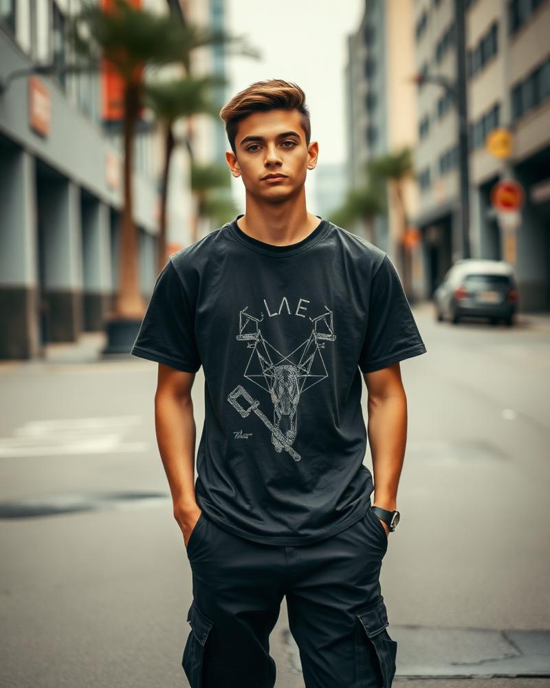 Model in graphic tee and cargos